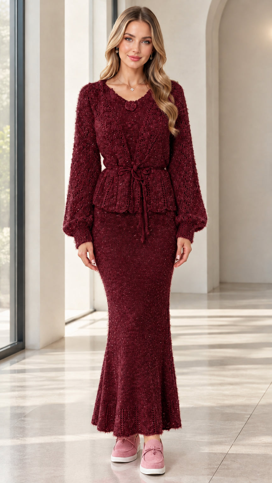 Woman wearing burgundy red knit peplum cardigan and long skirt co-ord set