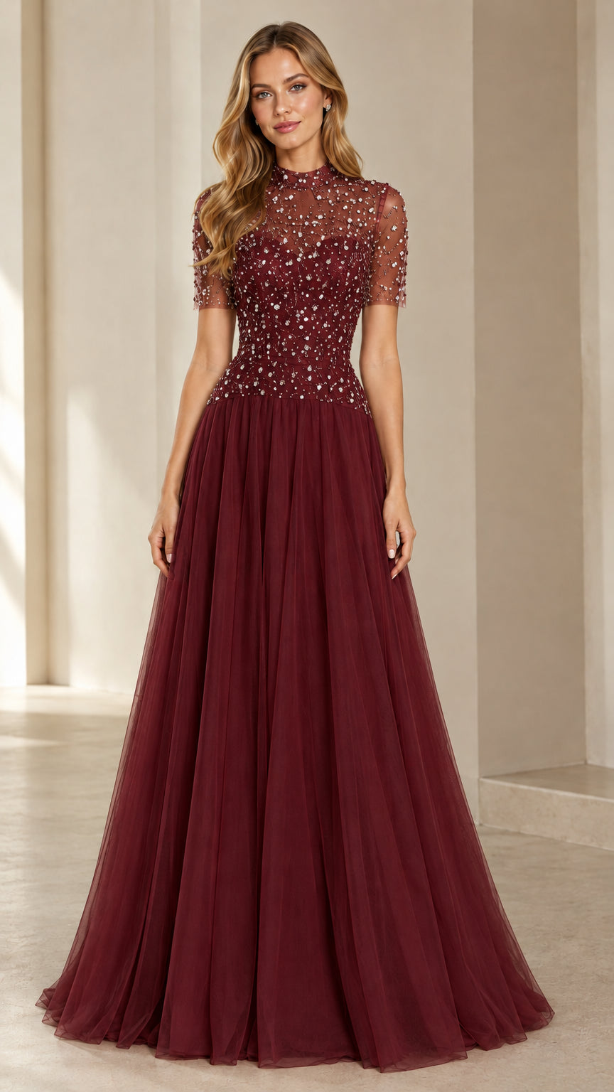 Burgundy beaded bodice tulle A-line evening dress