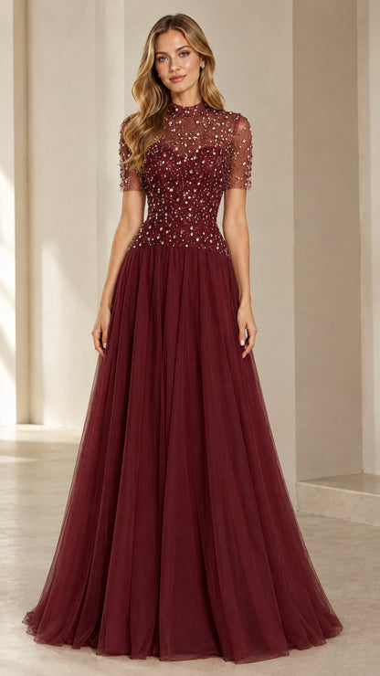 Burgundy beaded bodice tulle A-line evening dress