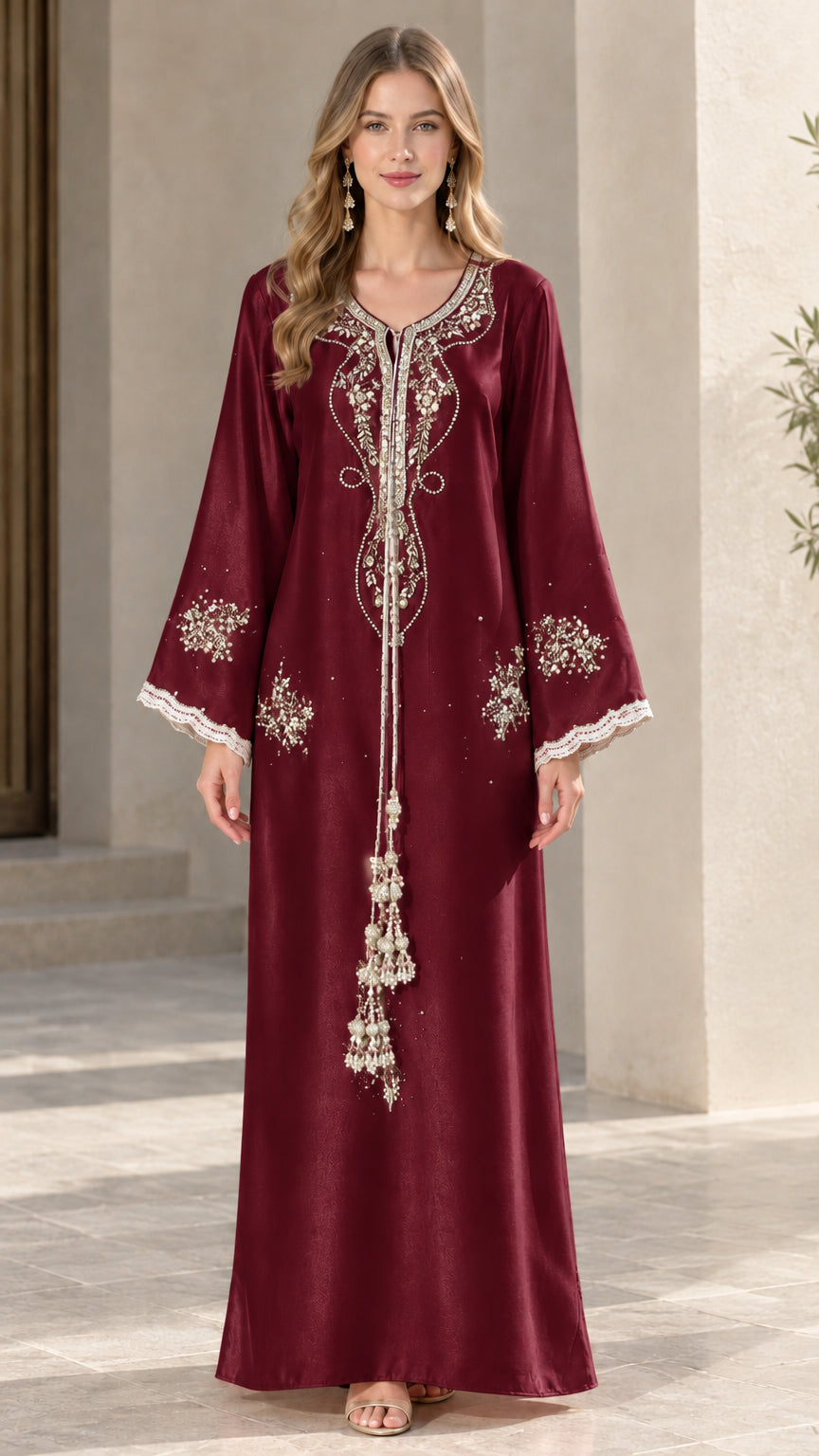 Full-length view of burgundy red embroidered evening kaftan dress