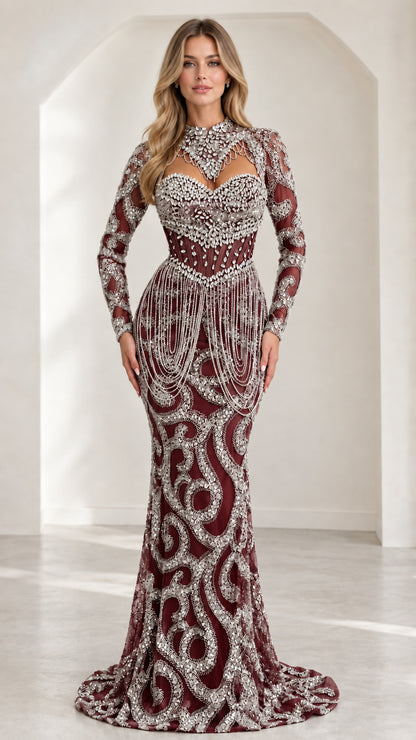 Front view of model wearing Burgundy wine red crystal embellished floor-length formal gown