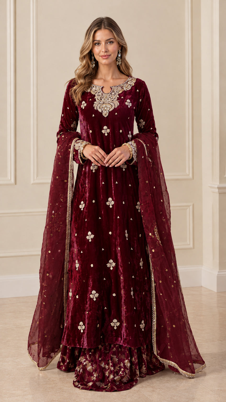 Front view of Burgundy wine embroidered velvet kurta and skirt set