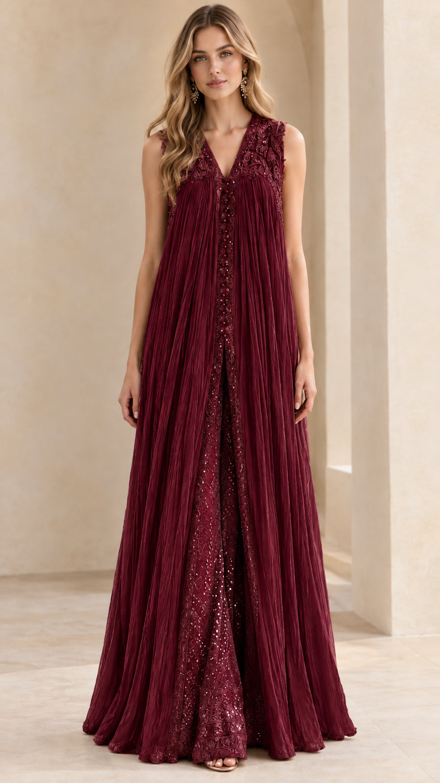 Full length burgundy wine embroidered pleated tunic and wide-leg evening set