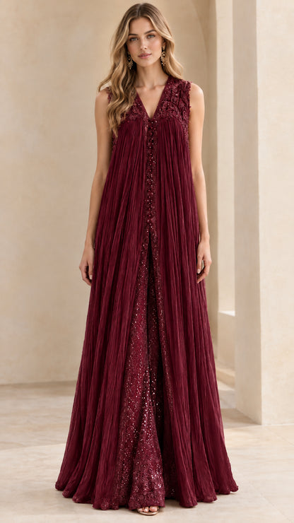 Full length burgundy wine embroidered pleated tunic and wide-leg evening set