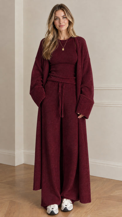 Front view of woman wearing burgundy wine 3-piece knit lounge set with maxi cardigan