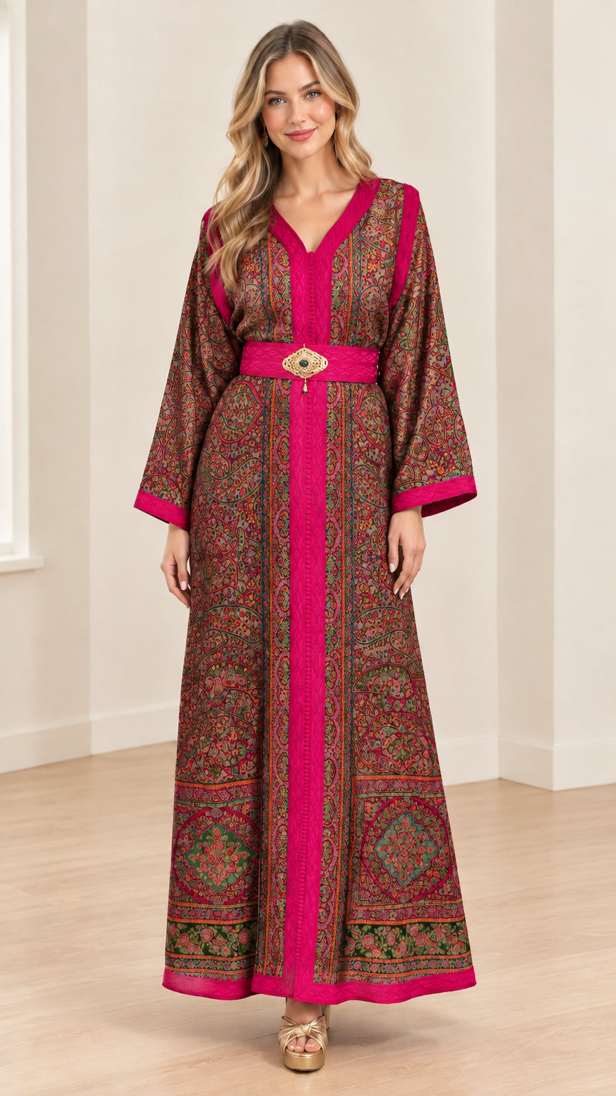 Burgundy paisley print belted maxi kaftan dress with magenta contrast trim
