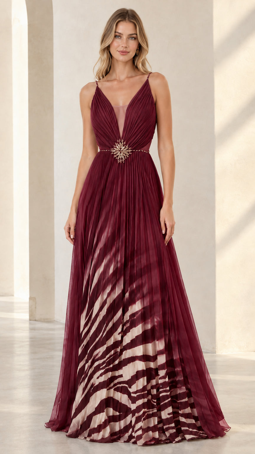 Burgundy wine red pleated V-neck formal maxi gown