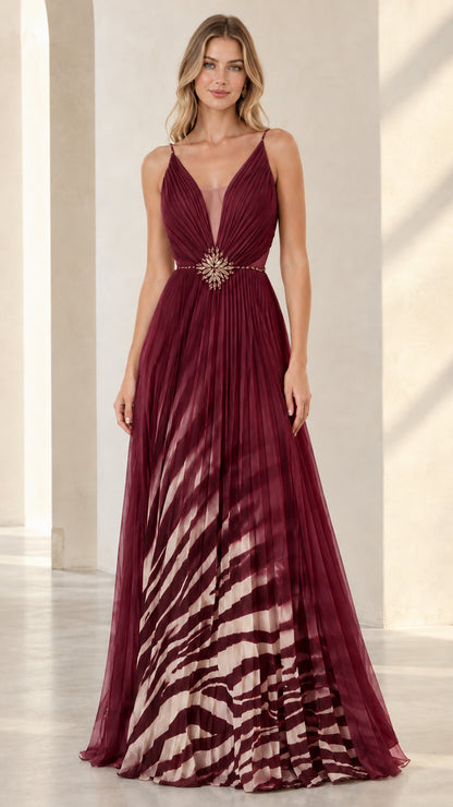 Burgundy wine red pleated V-neck formal maxi gown