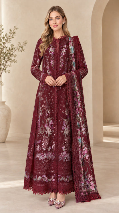 Maroon wine red embroidered eyelet maxi dress with floral border details