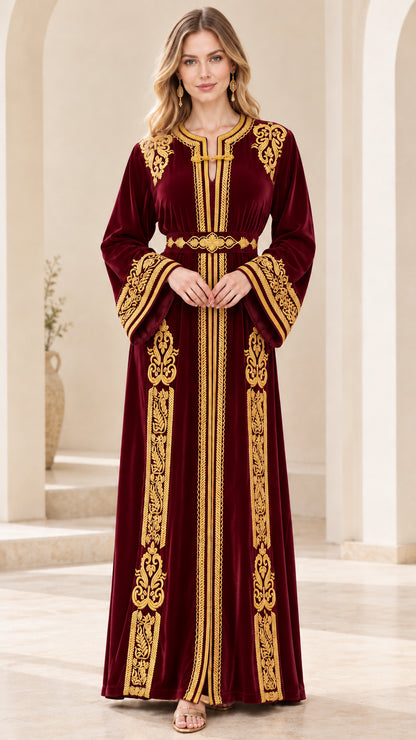 Burgundy wine red velvet embroidered Moroccan kaftan maxi dress