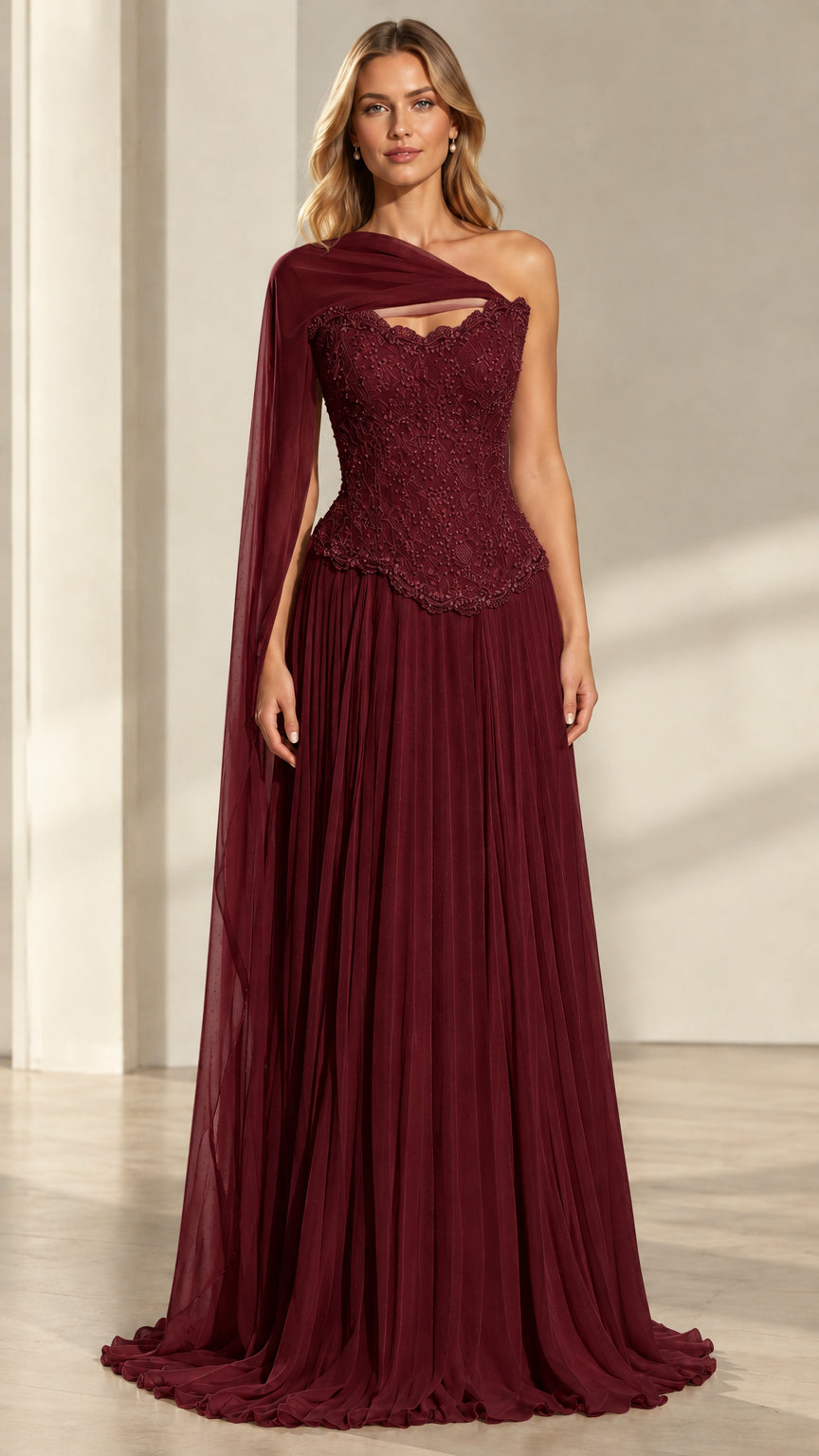Burgundy wine red one-shoulder cape beaded lace formal gown