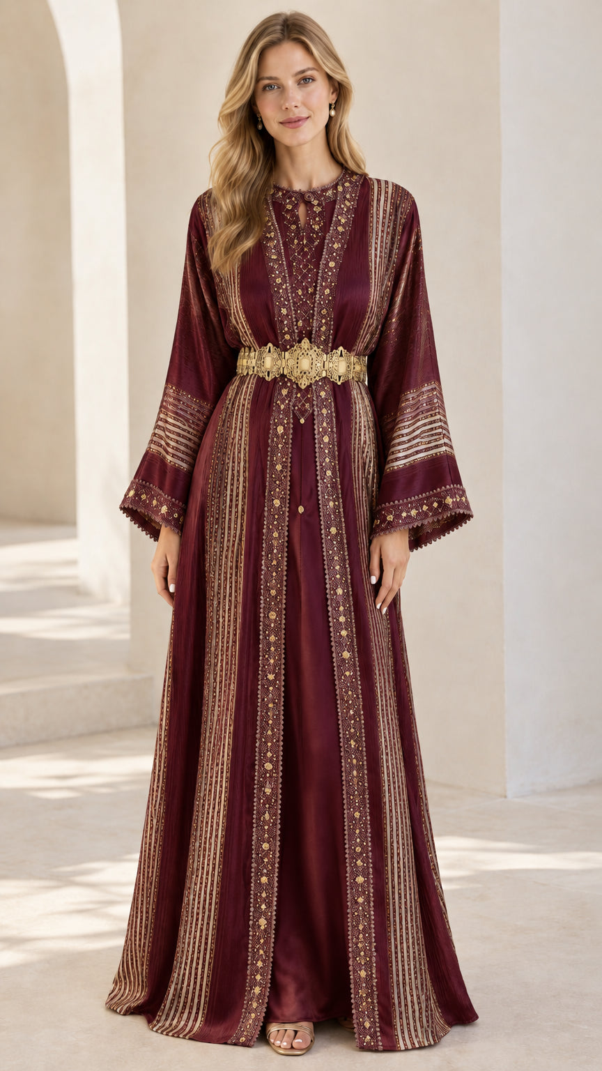 Burgundy wine red kaftan gown with metallic embroidery and belt