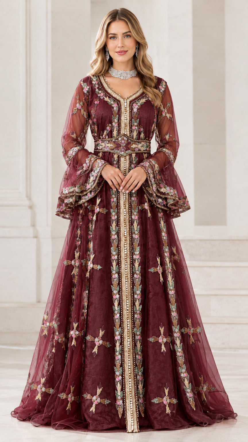 Burgundy embroidered Moroccan kaftan evening dress