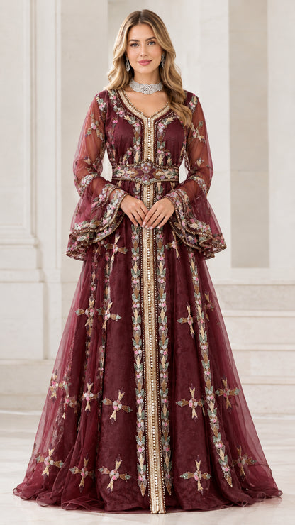 Burgundy embroidered Moroccan kaftan evening dress