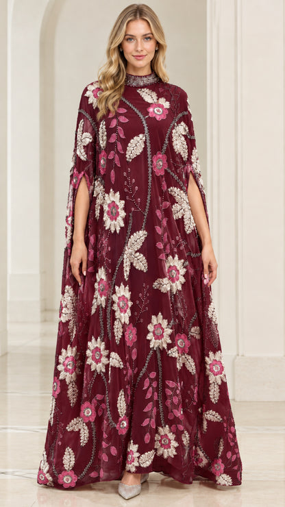 Burgundy wine floral embroidered cape maxi evening dress