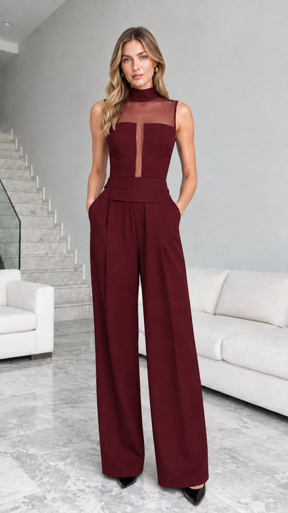 Front view of burgundy red sheer mesh mock neck wide leg jumpsuit