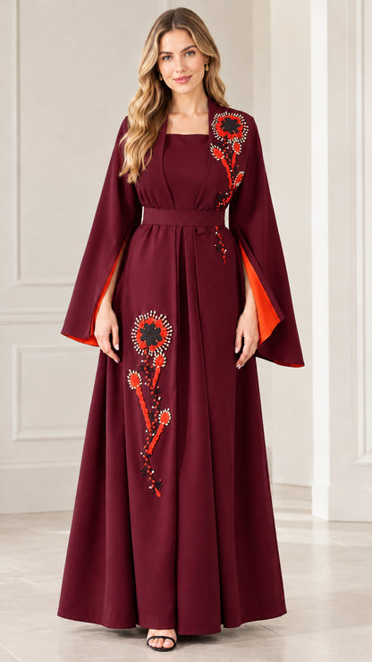 Full-length view of woman wearing Burgundy embroidered bell sleeve maxi dress