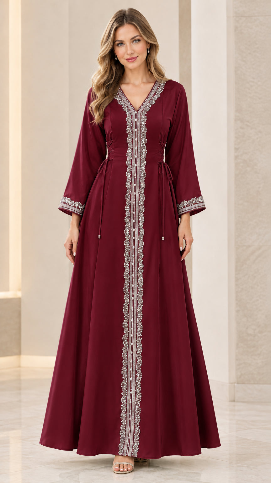 Burgundy embellished evening kaftan dress front view