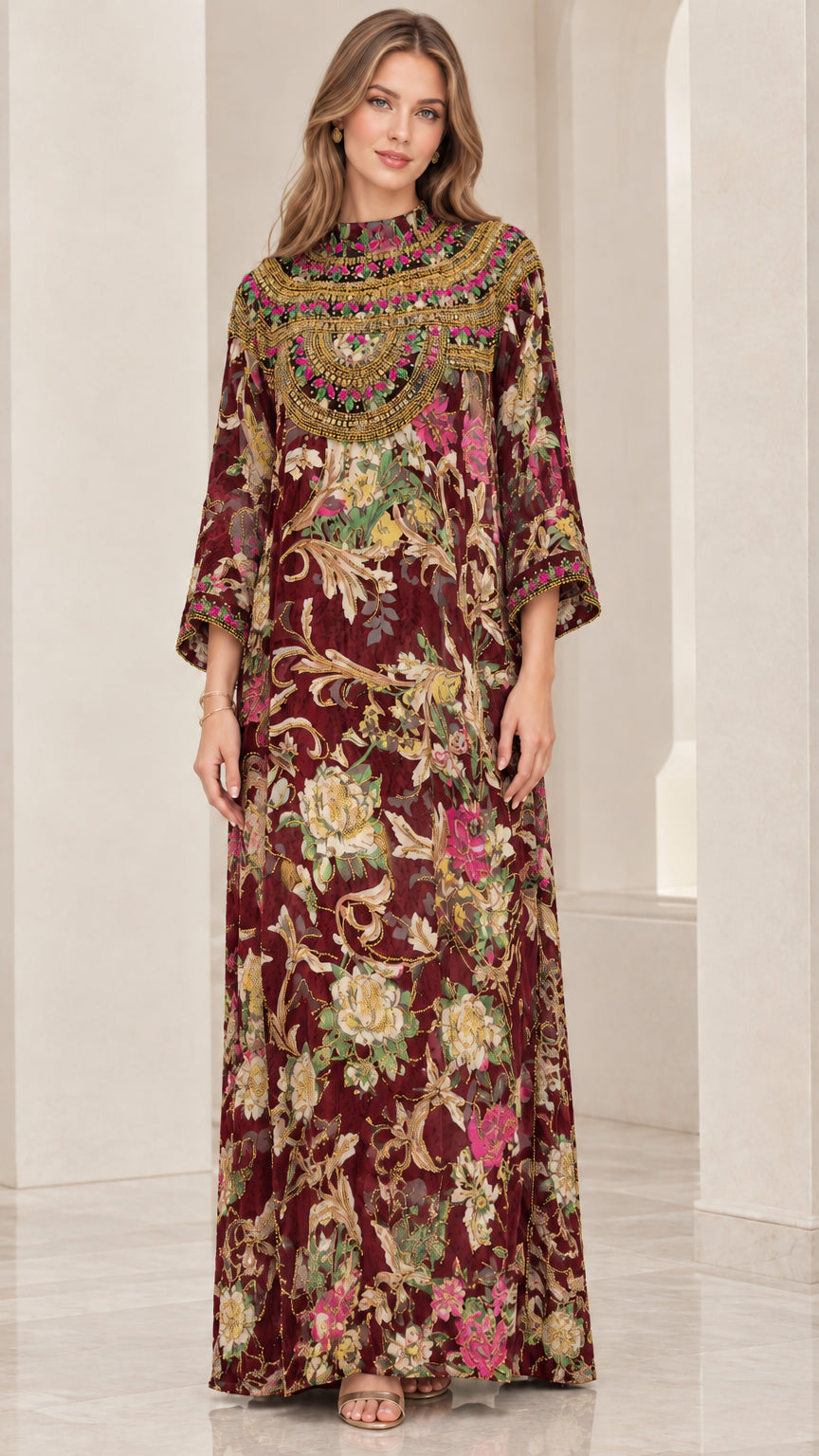 Front view of burgundy red floral embellished kaftan maxi dress