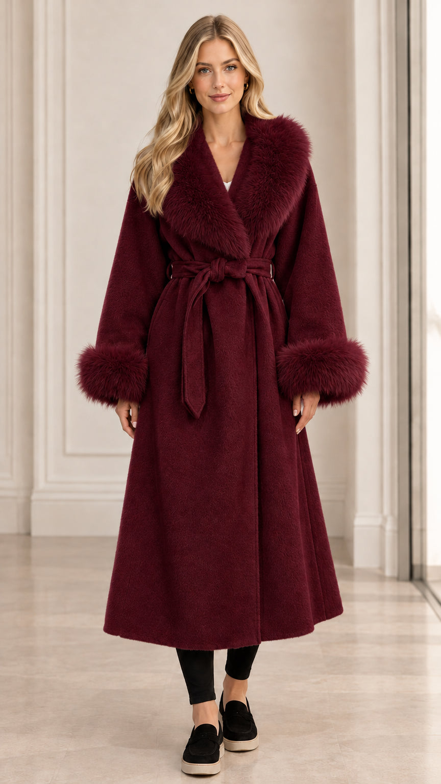 Front view of women's burgundy wine red belted long wrap coat with plush faux fur trim