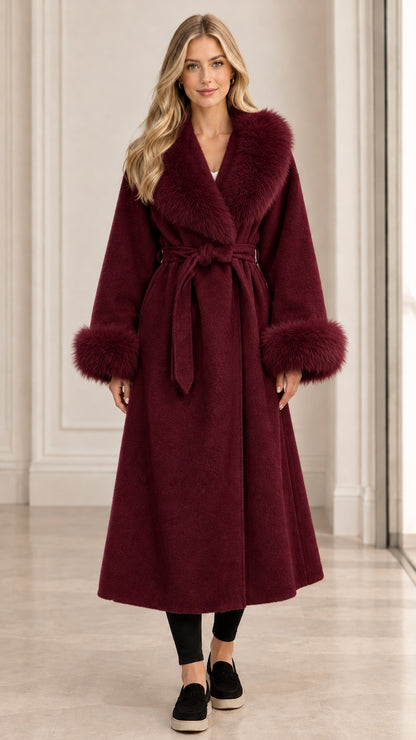 Front view of women's burgundy wine red belted long wrap coat with plush faux fur trim