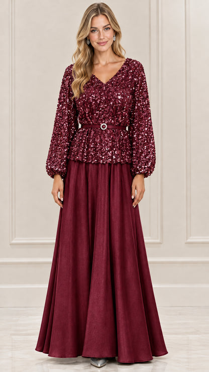 Full-length burgundy wine sequin long sleeve evening gown with belted waist