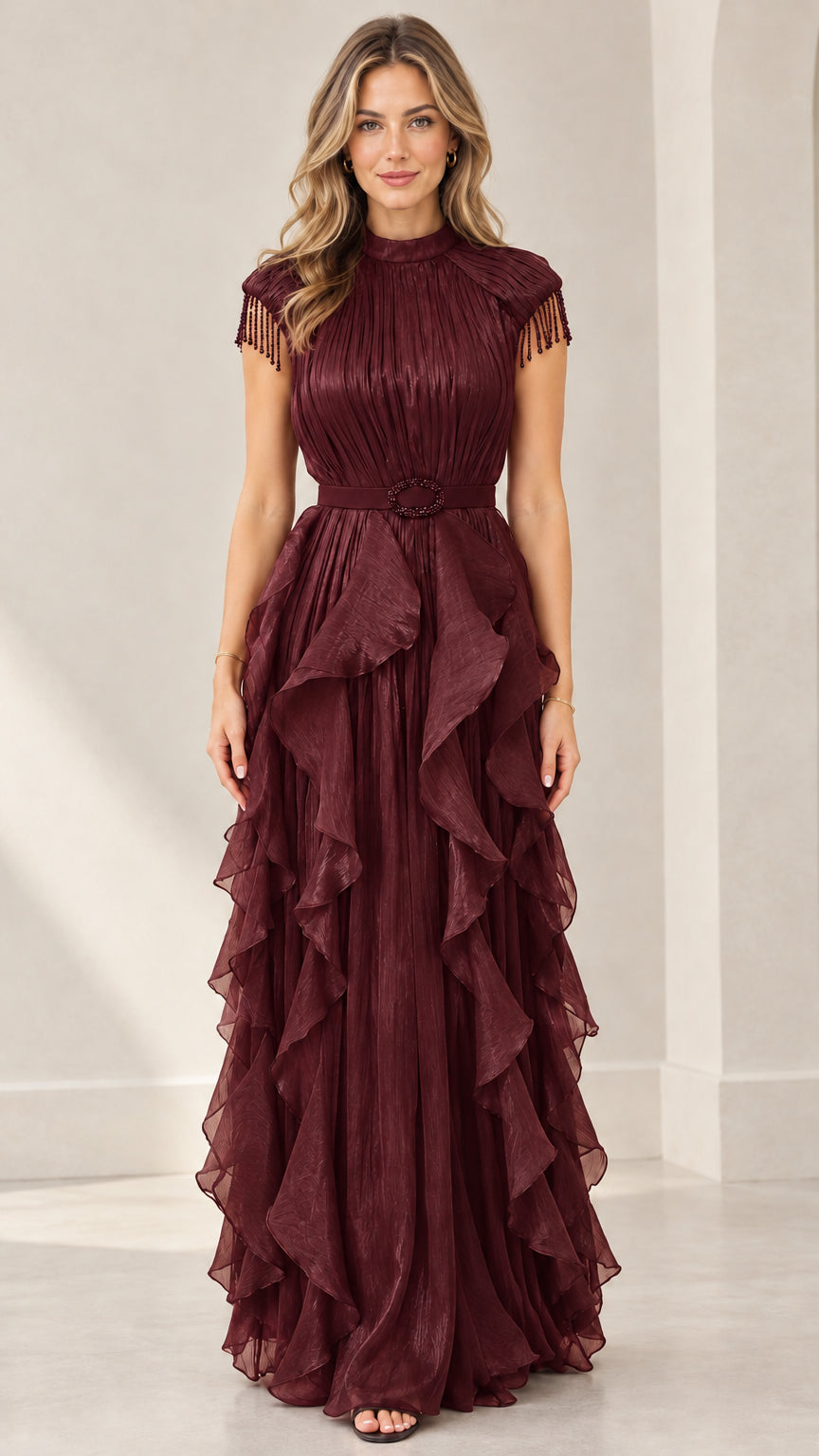 Front view of woman wearing burgundy wine red pleated tiered ruffle evening maxi dress