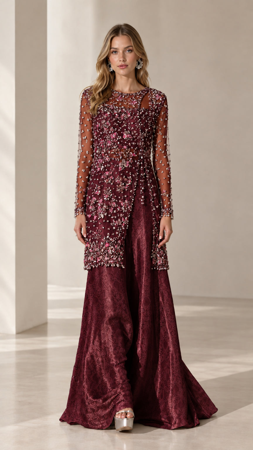 Model wearing burgundy wine embellished formal tunic and wide-leg pants set