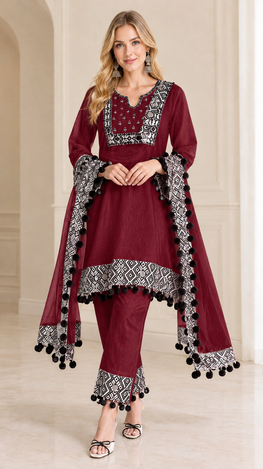 Women's burgundy 3-piece tunic and straight pants set with coordinated scarf