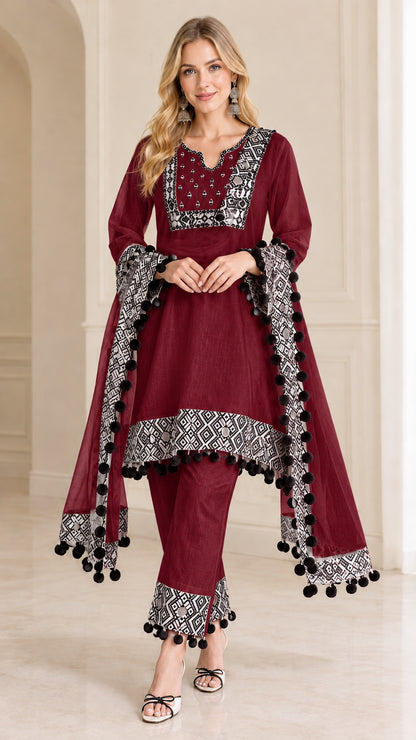 Women's burgundy 3-piece tunic and straight pants set with coordinated scarf