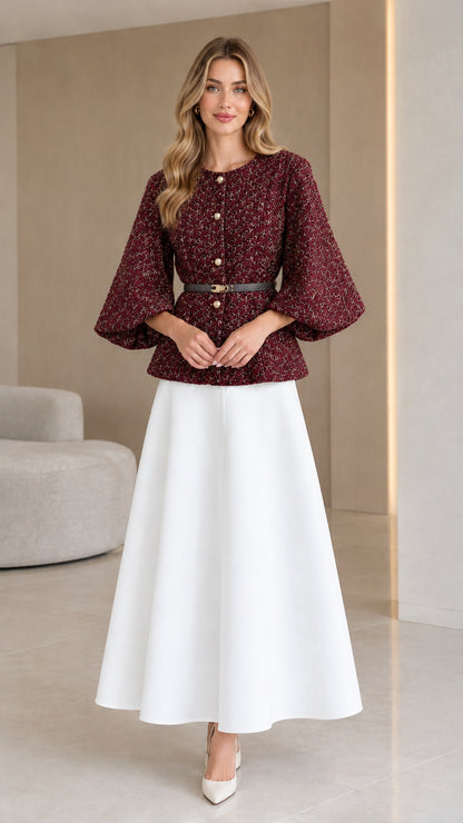 Burgundy wine red belted tweed jacket with voluminous sleeves