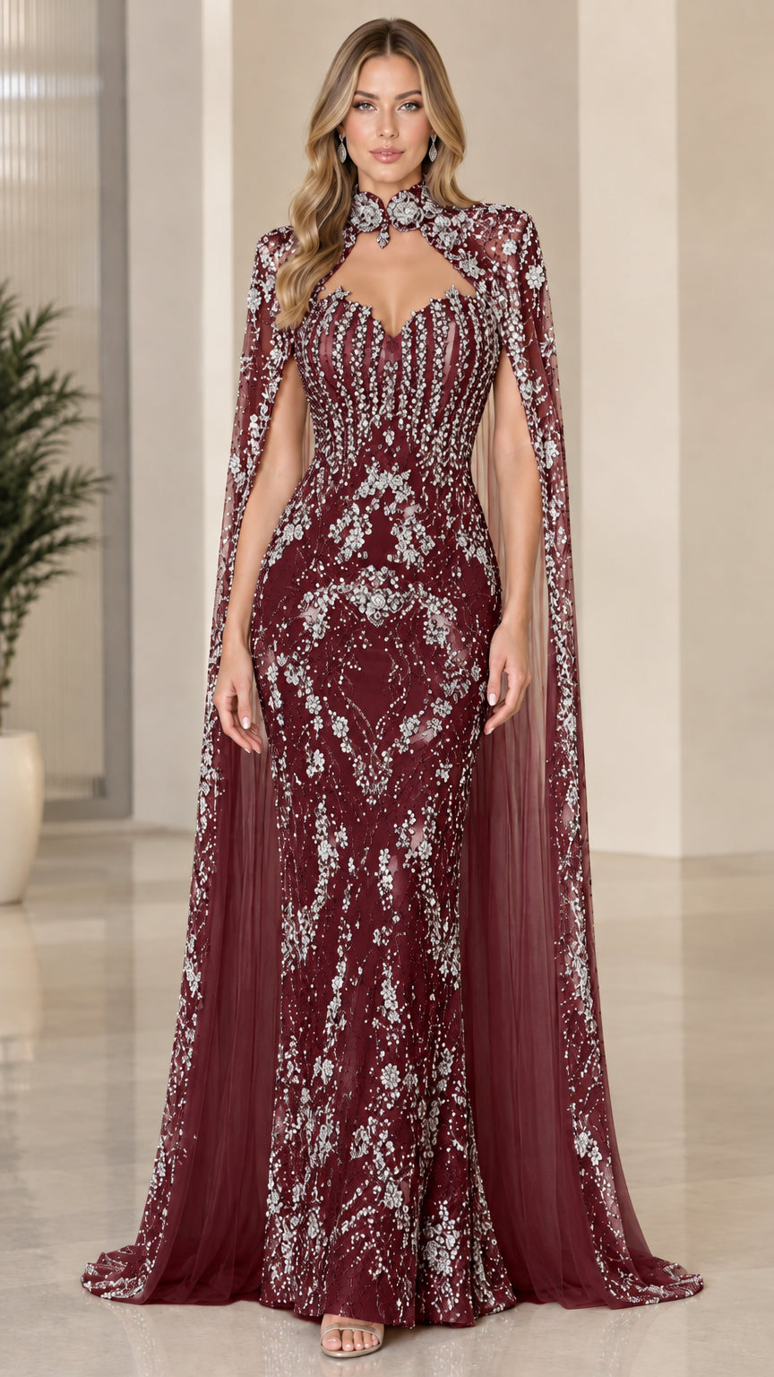 Burgundy wine embellished mermaid gown with cape overlay