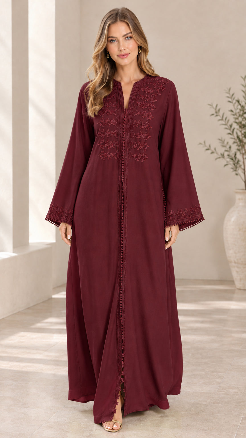 Burgundy wine red embroidered maxi abaya dress