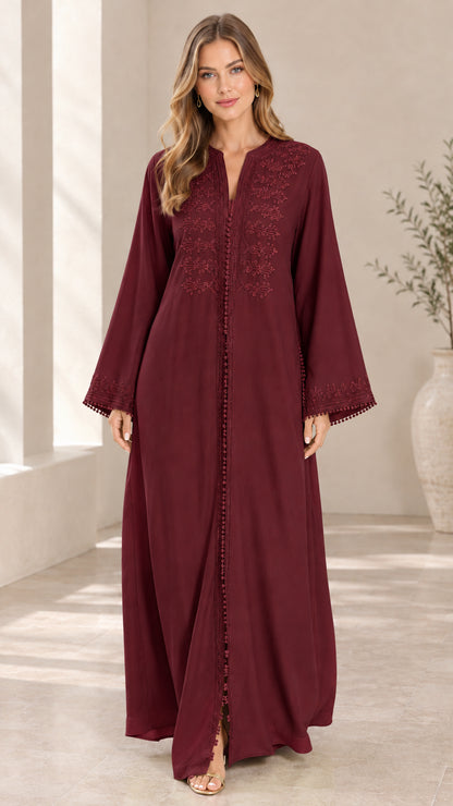 Burgundy wine red embroidered maxi abaya dress