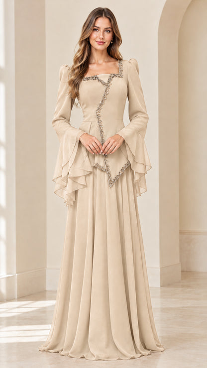 Champagne square neck beaded long sleeve evening gown