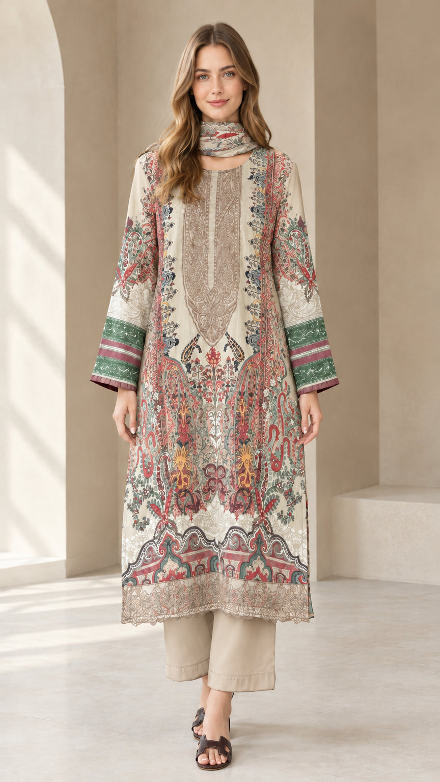 Front view of beige paisley printed tunic and trouser set with scarf