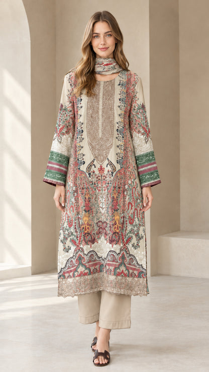 Front view of beige paisley printed tunic and trouser set with scarf