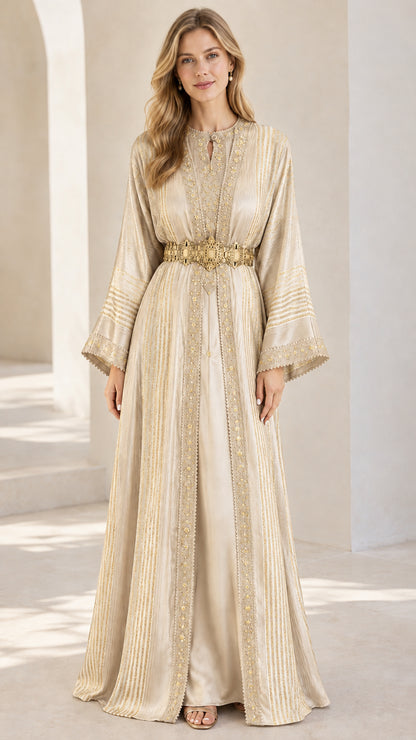 Champagne gold embroidered modest kaftan maxi dress front view
