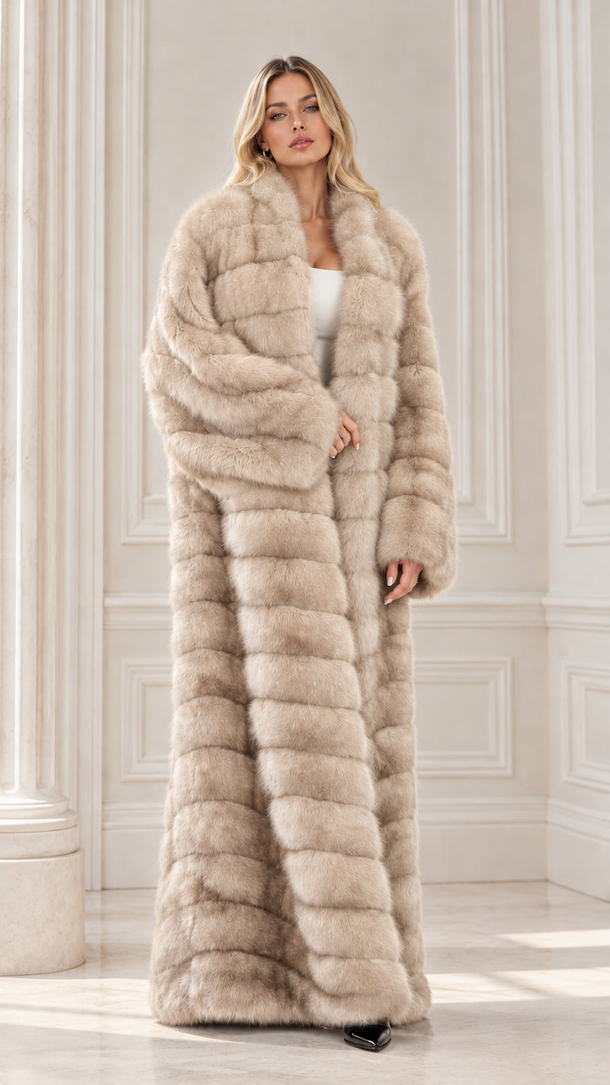 Full-length beige cream plush faux fur longline floor-length coat