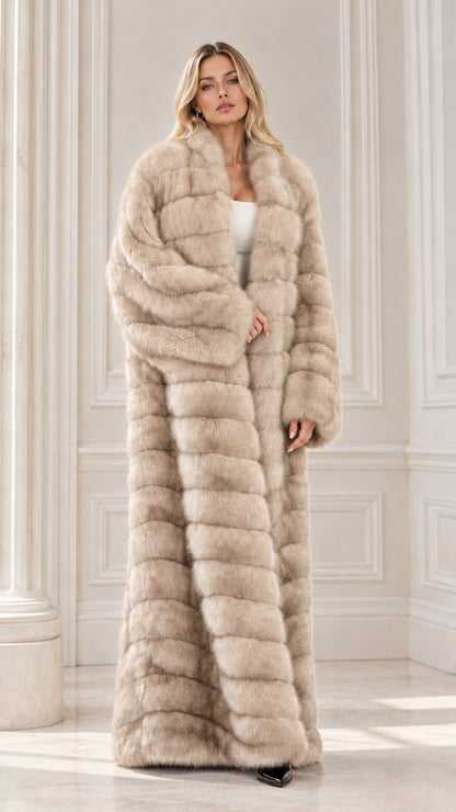 Full-length beige cream plush faux fur longline floor-length coat