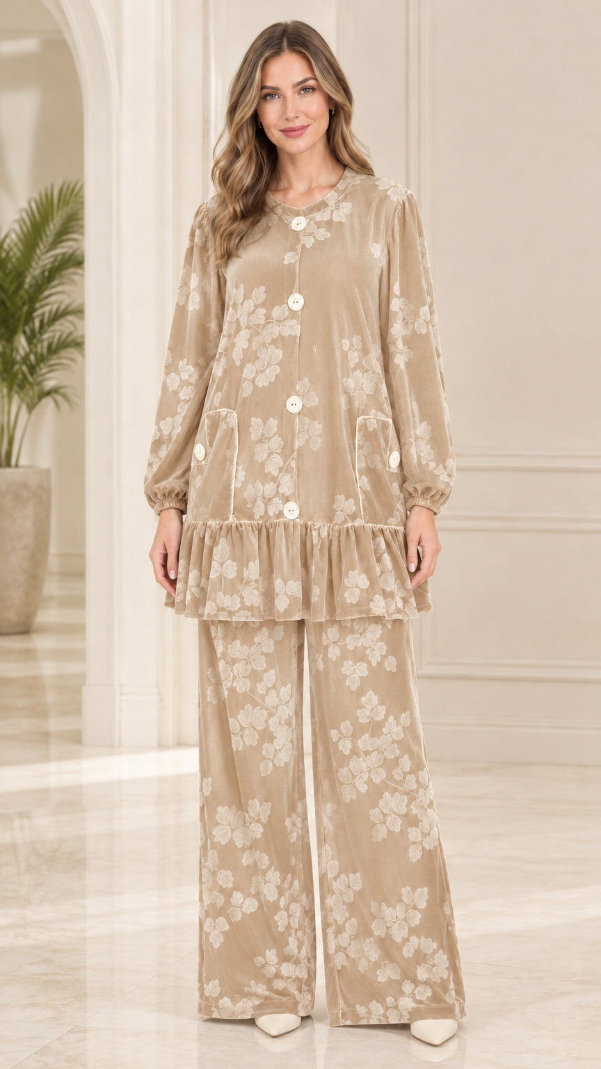Front view of model wearing champagne beige floral embossed velvet matching two-piece set