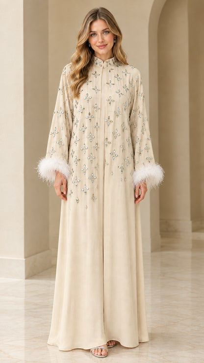 Champagne beige rhinestone embellished kaftan dress with feather cuffs