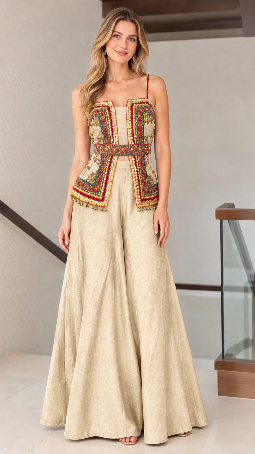 Beige cream embroidered structured top and matching wide-leg palazzo pants set