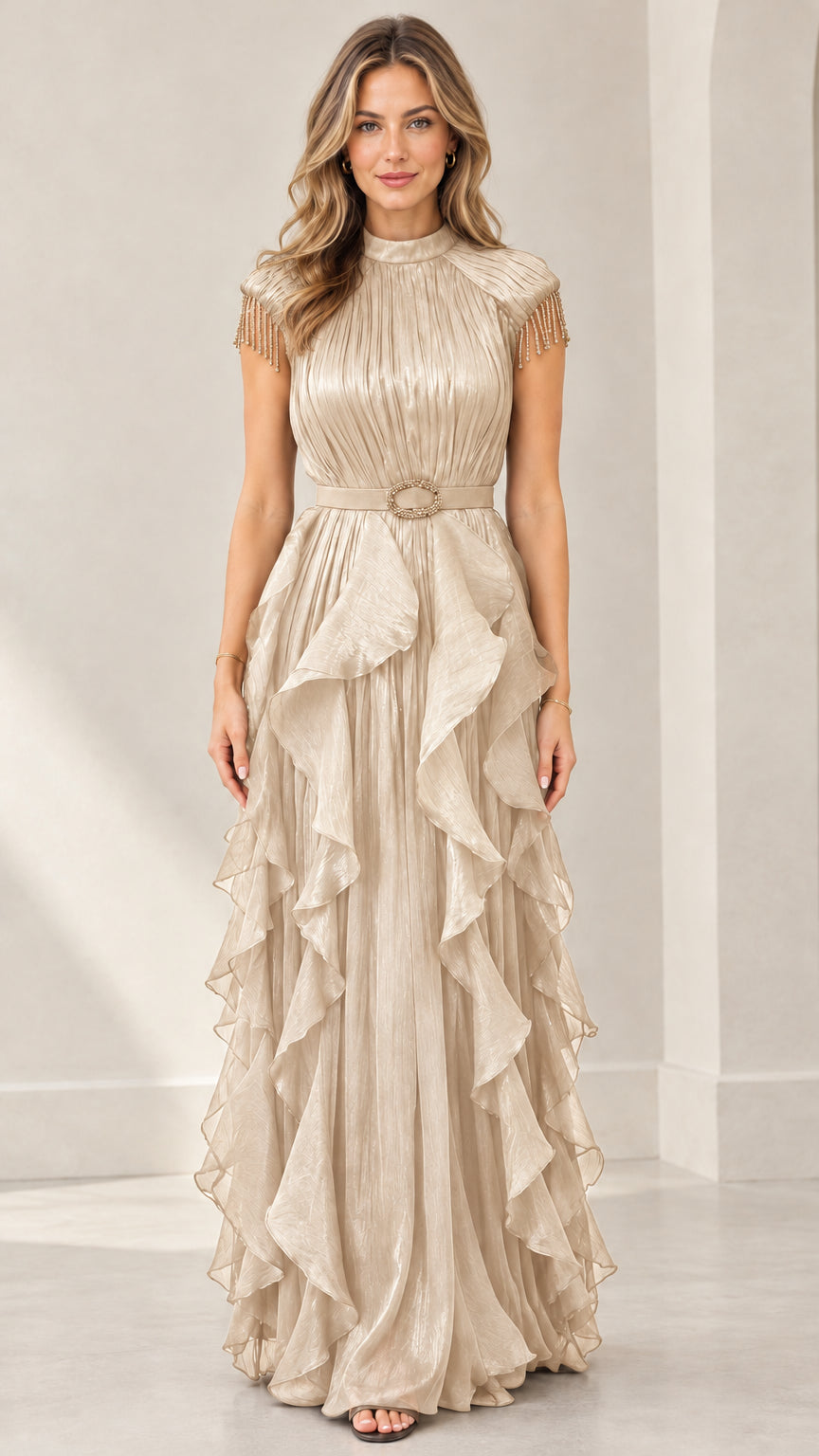 Front view of woman wearing champagne gold pleated tiered ruffle evening gown