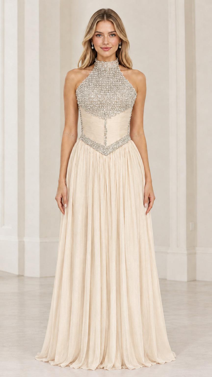 Front view of champagne crystal halter neck pleated formal evening dress