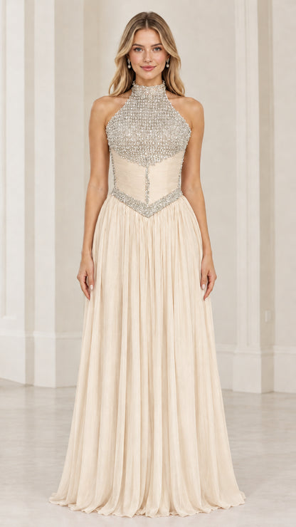 Front view of champagne crystal halter neck pleated formal evening dress