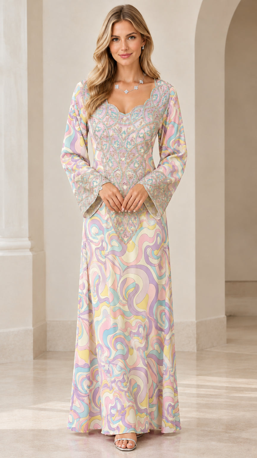 Front full-length view of model in Pastel Cream swirl print embellished maxi dress