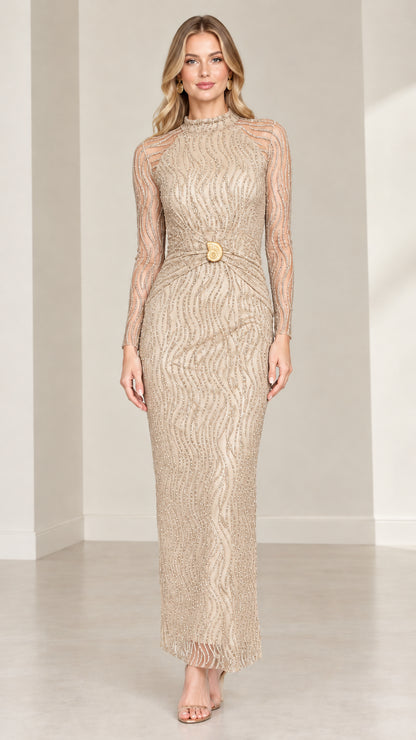 Front view of model wearing champagne metallic embellished maxi dress