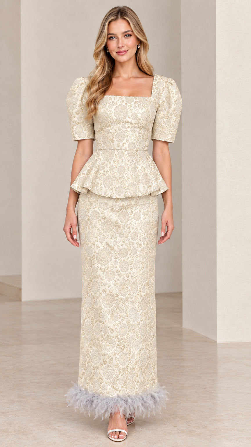Front view of Champagne gold floral jacquard peplum maxi dress