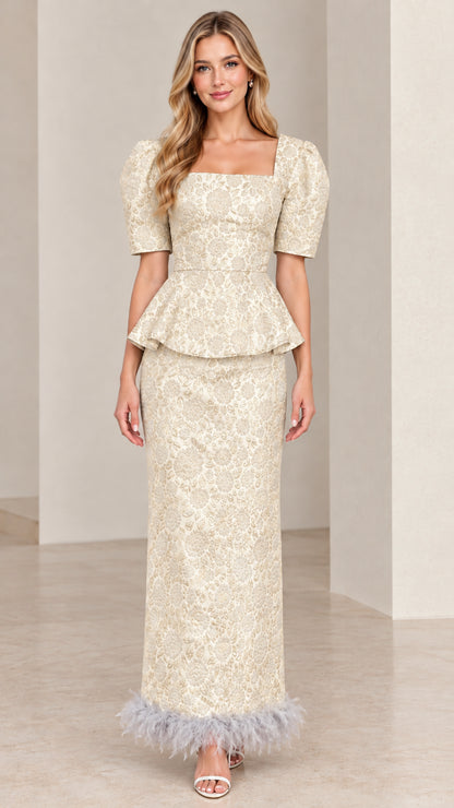 Front view of Champagne gold floral jacquard peplum maxi dress